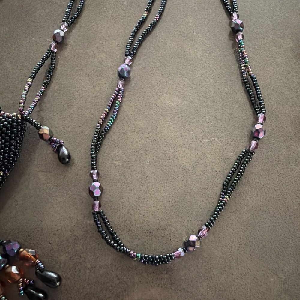 Handmade Black Glass Seed Bead Pouch Necklace, Indigenous/ Hippie Style Vintage - Picture 3 of 4